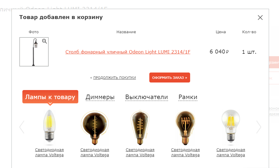 Оформление покупки на сайте Market-sveta.ru